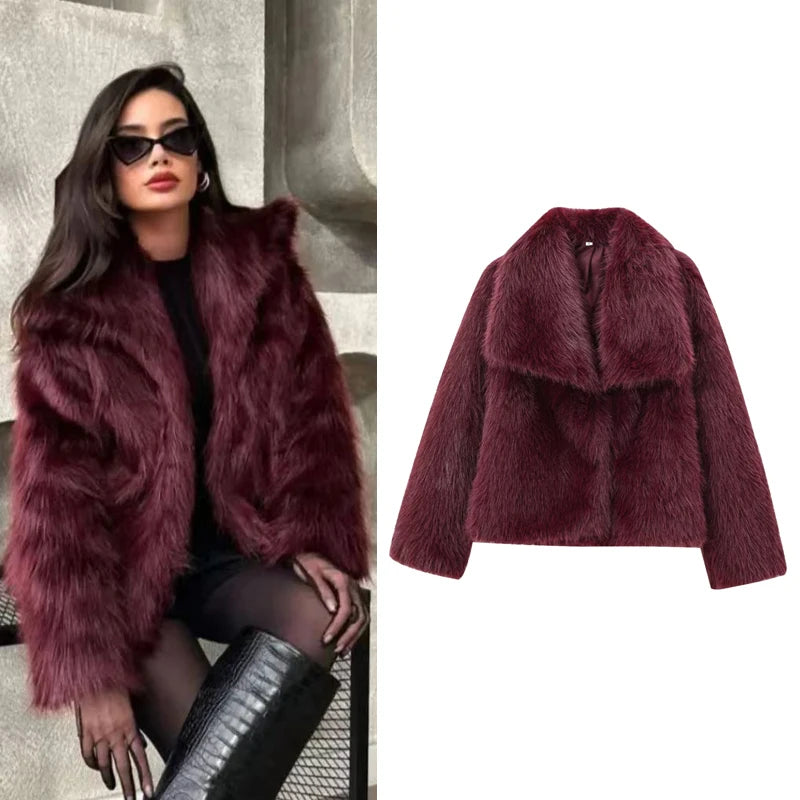 HXAO Women's Fur Coat Women  Plush Burgundy Bomber Jacket Solid Crop Long Sleeve Jacket Warm Winter Coats Woman Casual Coats
