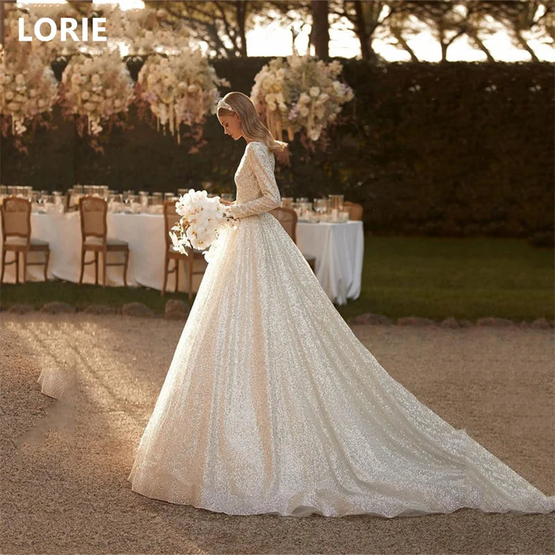 LORIE Shiny Glitter Wedding Dresses With Long Sleeve Bridal Dress a Line Sequins Bride Wedding Gowns 2024 - My Store
