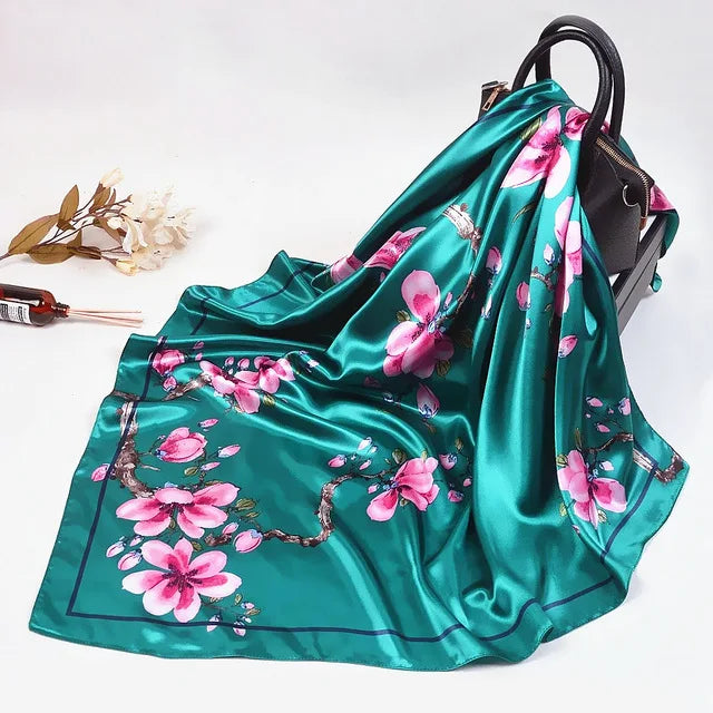 Fashion Kerchief Silk Satin Neck Scarf for Women Print Hijab Scarfs Female 90*90cm Square Shawls and Wraps Scarves for Lady
