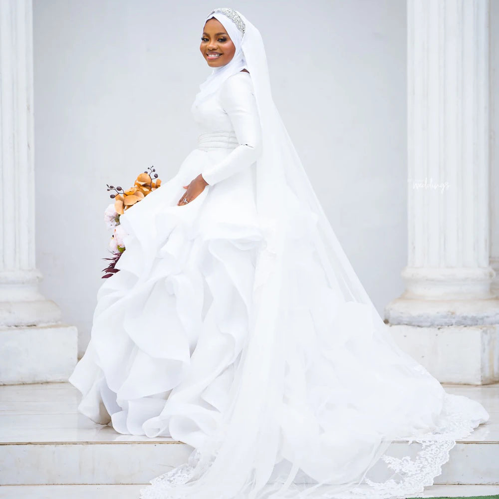 Modest Muslim Wedding Dress White Long Sleeves O Neck Ruffles Organza Ball Gown Bridal Dresses No Hajab Africa Gowns - My Store