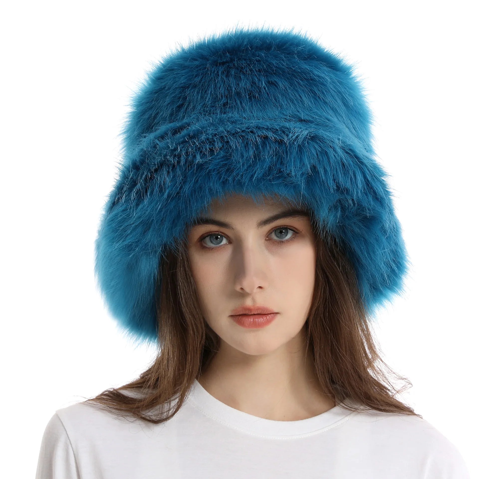 Warm Plush Bucket Hat Women Oversize Earflaps Fluffy Faux Fur Hats Fashion Furry Raccoon Fur Cotton Hat Winter Solid Color Hats