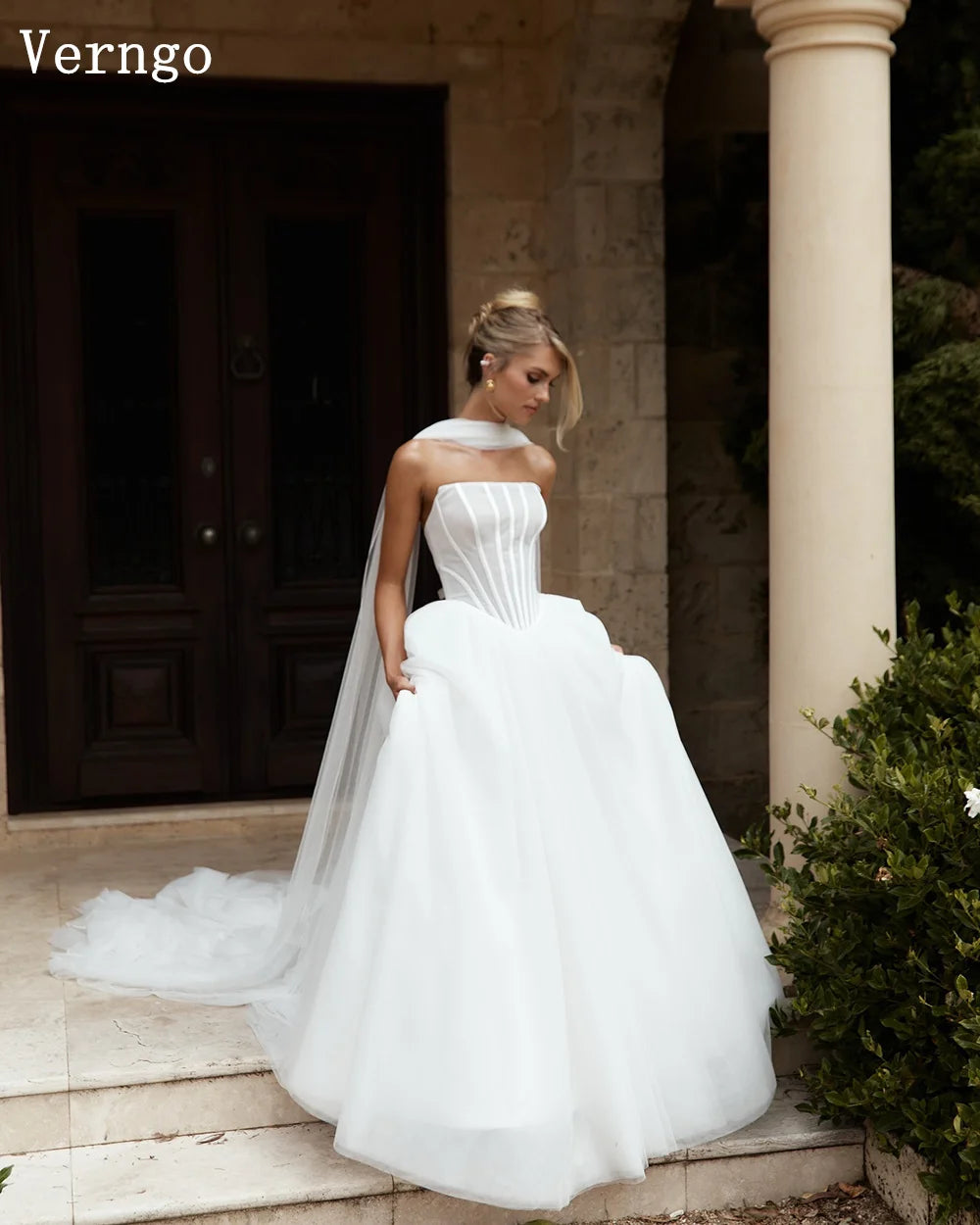 Verngo Lvory Tulle Wedding Dresses Strapless a Line Long Women Bridal Gowns Bown Maxi Bride Dresses Customized - My Store