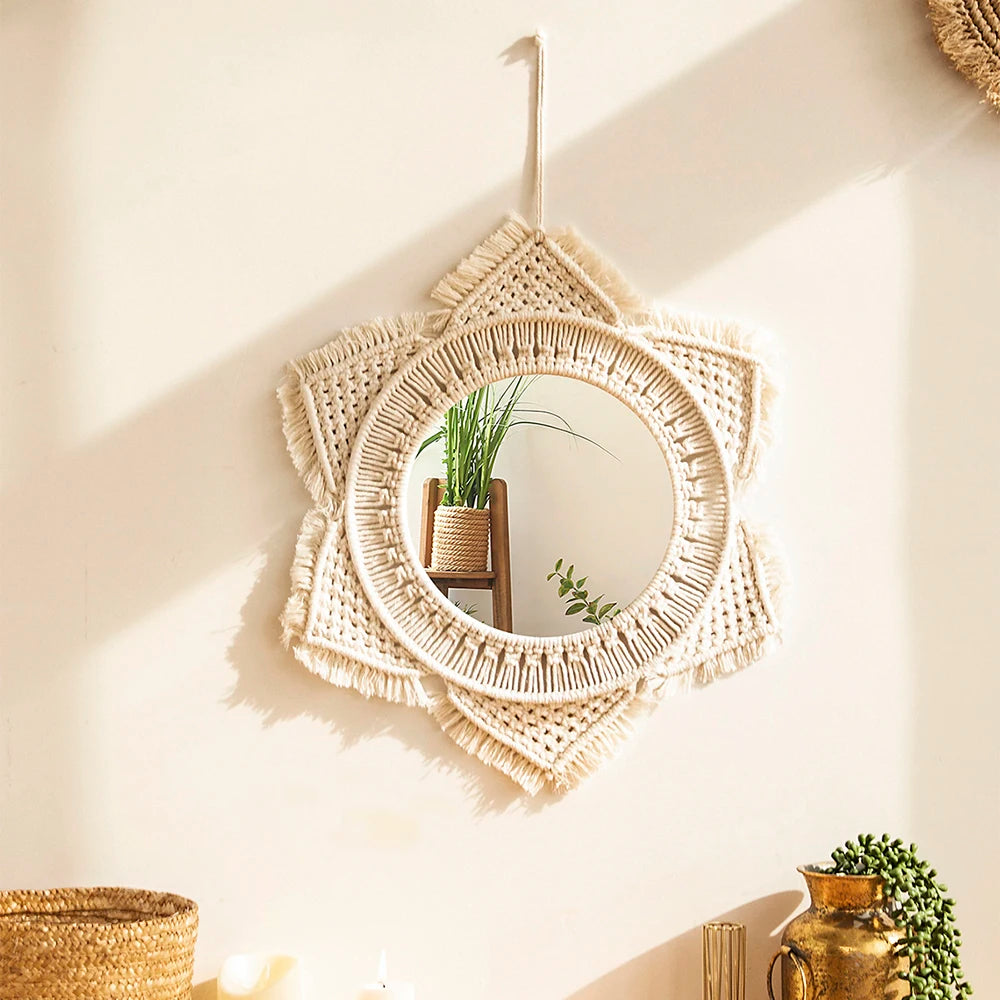 Boho Decorative Mirrors Macrame  Round Mirror Aesthetic Room Decor Hanging Wall Mirror for Bedroom Living Room House Decoration