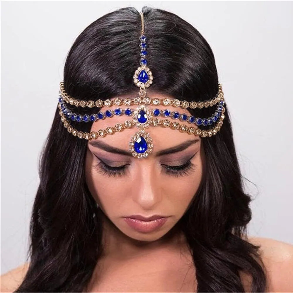 BOHO Rhinestone Forehead Headband Hair Accessories for Women Hair Clip Hair Ornament Tiara Frontlet Indian Bohemia Hair Jewelry