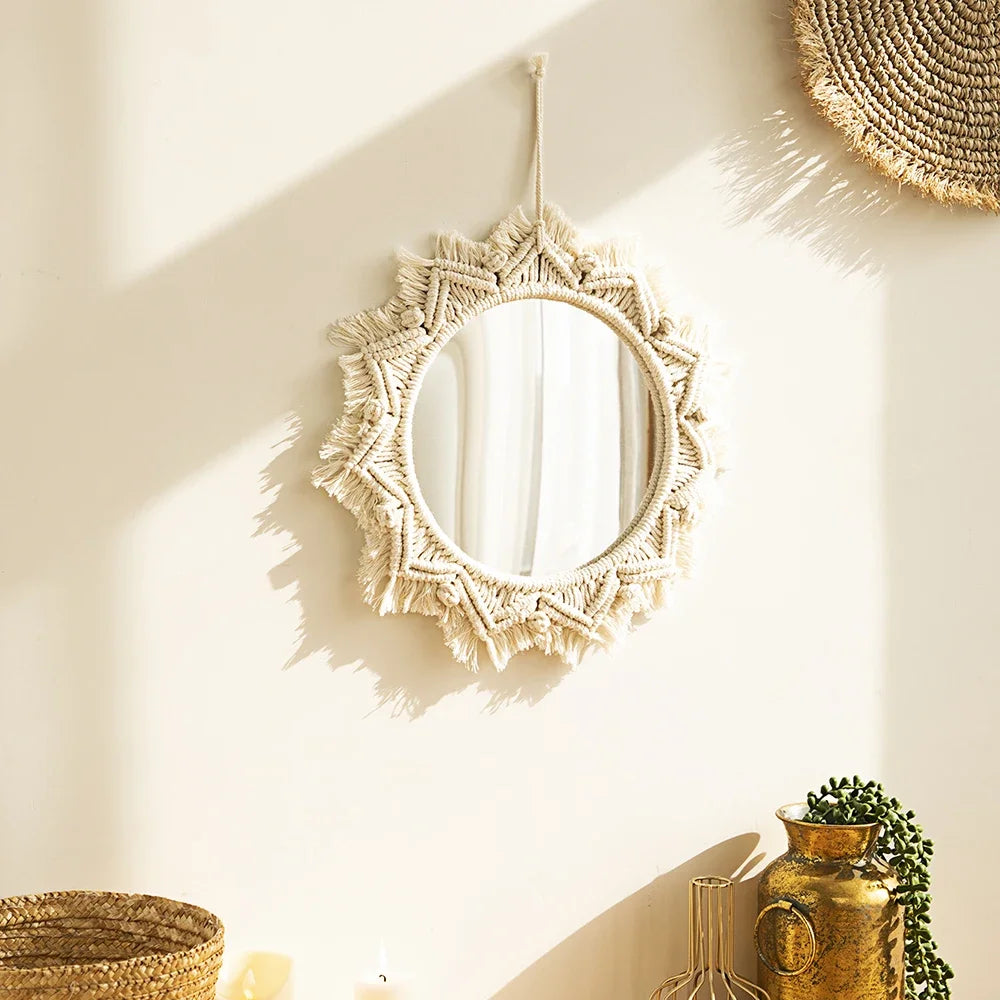 Boho Decorative Mirrors Macrame  Round Mirror Aesthetic Room Decor Hanging Wall Mirror for Bedroom Living Room House Decoration