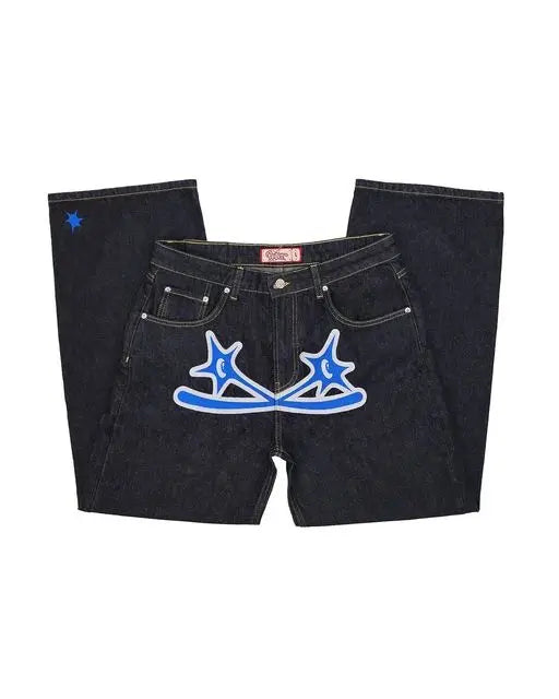 Y2k Men Retro Harajuku Clothing  New Baggy Casual Wide Leg Jeans Hip Hop Print Jeans Trend Fashion Black High Waist Jean