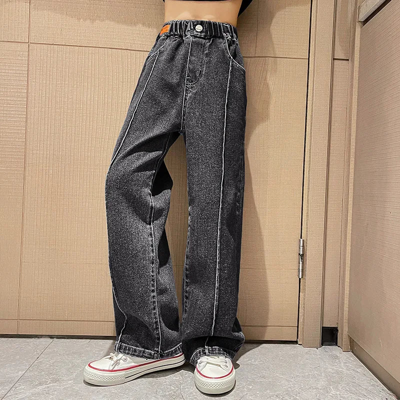 Jeans for Girls Kids Fashion Blue Wide Leg Pants 2025 Spring Autumn Children Korean Trousers Children's Clothing 6 8 10 12 14Yrs