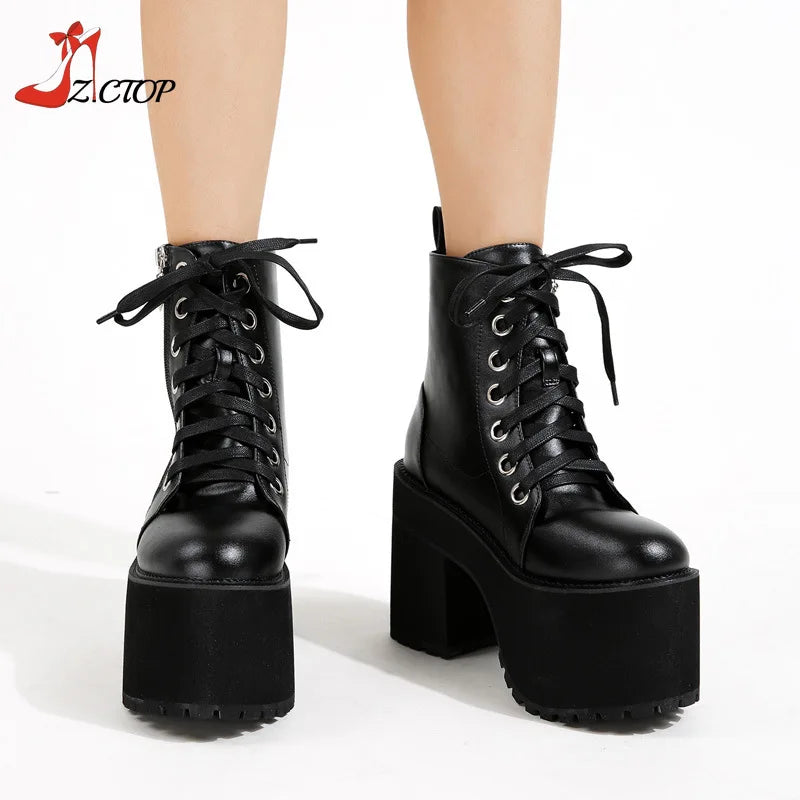 Women Platform Boots High Chunky Heel Ankle Boots Black Punk Style Lace Up Motorcycle Boot Lady Autumn Winter Shoes Big Size 43