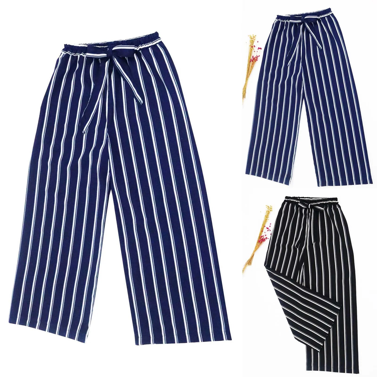 Ladies' Striped Elastic Waist Belted Long Wide Leg Pants Office Ladies Pant Soft Breathable Long Trousers 2023 Female Clothing