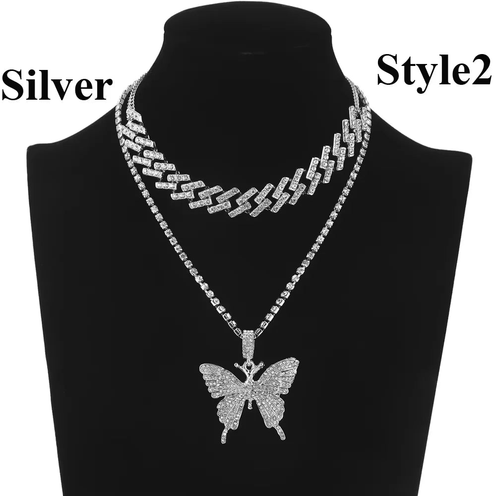 Pink Butterfly Necklace Chain  Jewelry Luxury Female Crystal Neck Pendants Women Rhinestones Jewellery Wholesale