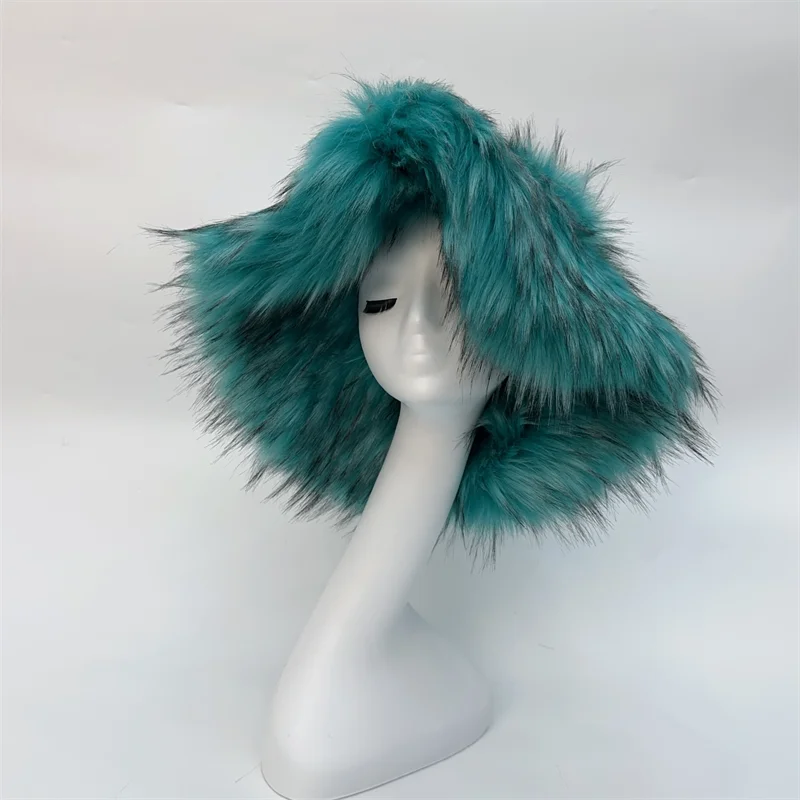 Winter Warm Plush Bucket Hat Women Oversize Earflaps Fluffy Faux Fur Hats Fashion Furry Raccoon Fur Cotton Hat Solid Color Hats