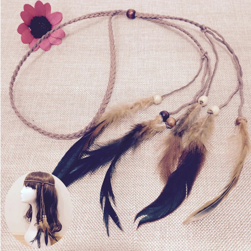 Bohemian Feather Headband Scrunchies Tribal  Hair Bands Women Girl Hippie Weaving Hair Accessories Hair Clip Hair Rope Headwear