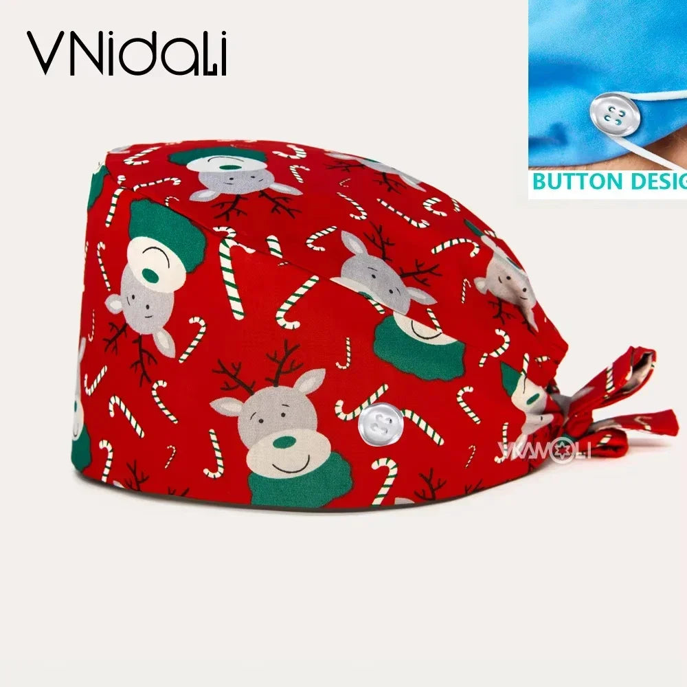 With Buttons Santa Claus Print Hats Adjustable Scrub Cap Beauty Salon Nursing Cap Laboratory Accessories Scrubs Christmas Hats