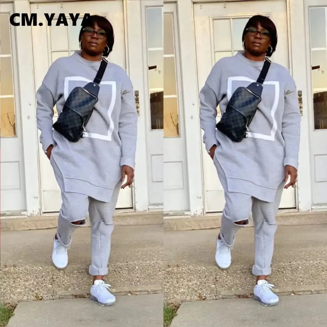 CM.YAYA Activewear Fleece Patchwork Women's Set Crewneck Sweatshirt + Hole Pants Suit Tracksuit Two Piece Set Fitness Outfit