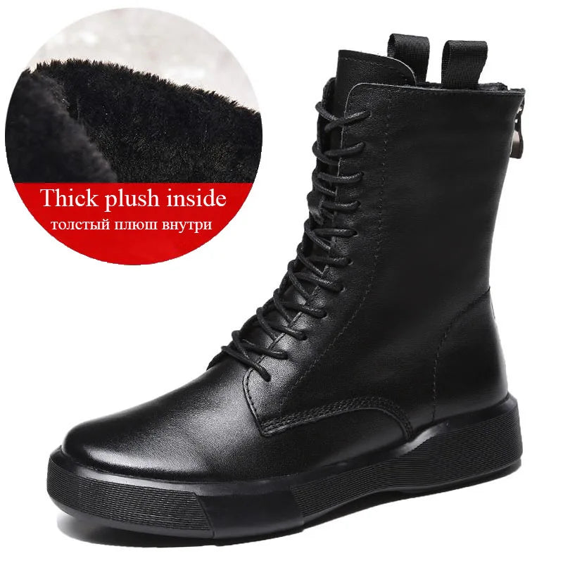 DRKANOL 2025 Fashion Women Boots Autumn Winter Shoes Soft Bottom 100% Genuine Leather Flat Mid Calf Boots Women Casual Warm Boot