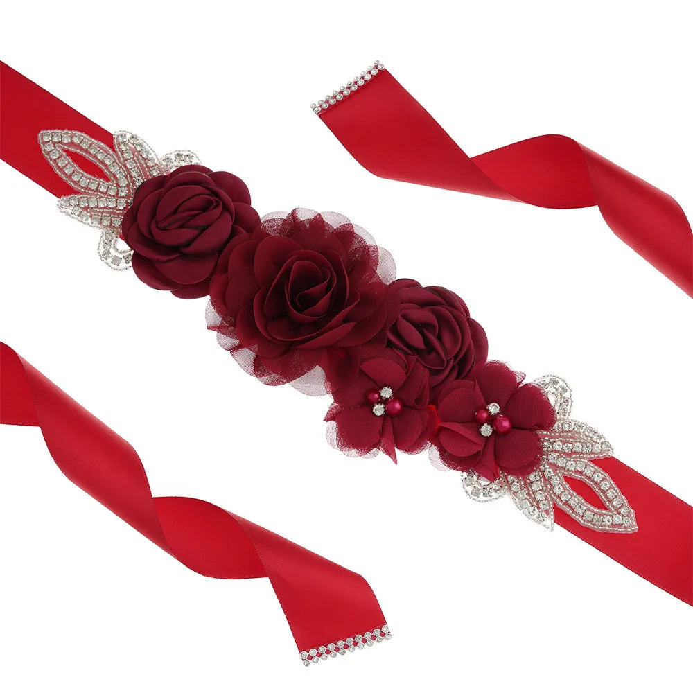 Wedding Accessories Bridal Belts Satin Flower Sash Woman Girl Belts Flower Bead Belts Floral Belt Wedding Rhinestone Flower Belt