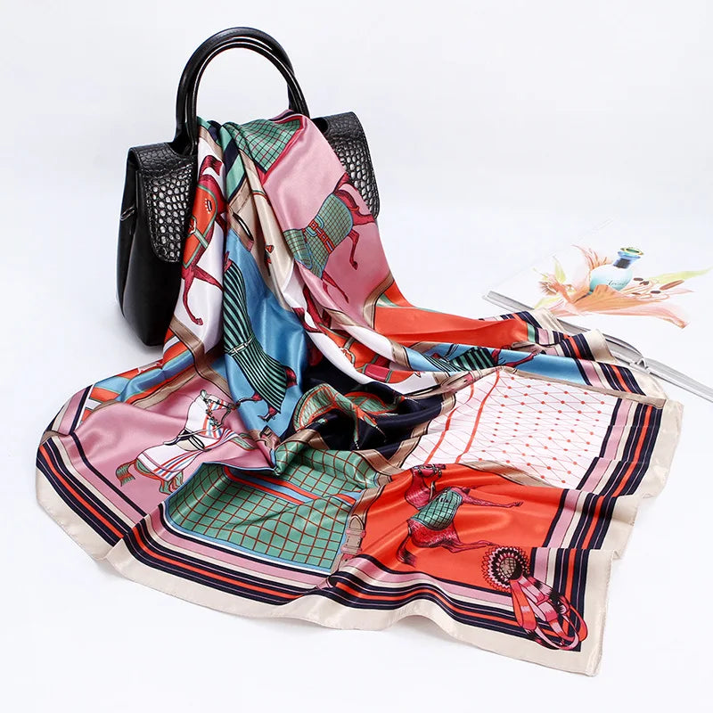 Fashion Kerchief Silk Satin Neck Scarf for Women Print Hijab Scarfs Female 90*90cm Square Shawls and Wraps Scarves for Lady