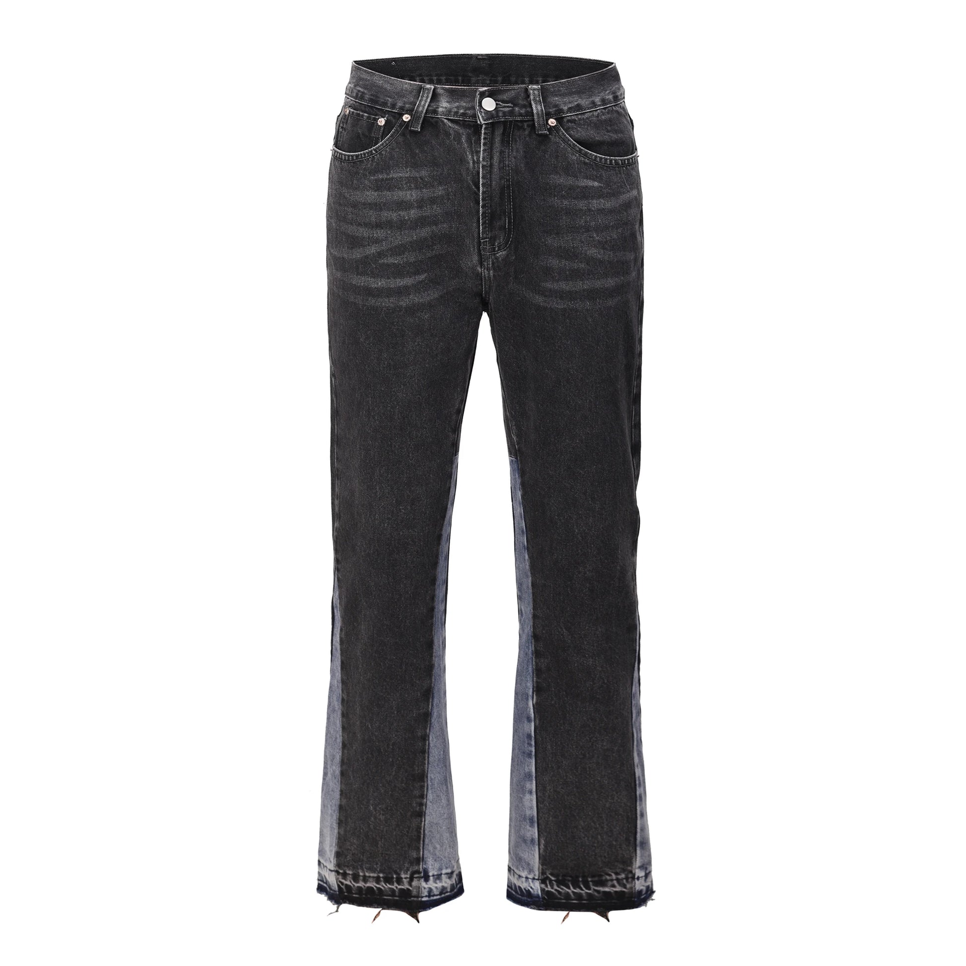 Vintage Flared Jeans for Men Y2k Streetwear Frayed Jean Pants Baggy Hip Hop Graffiti Colorblock Slim Fit Denim Jeans Man Black