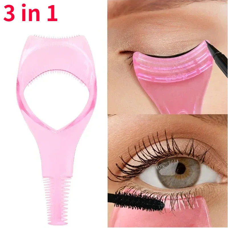 3 in 1 Makeup Mascara Shield Guard Eye Lash Mascara Applicator Comb Eyelash Curling Makeup Brush Curler Eye Makeup Stencils Pink - My Store
