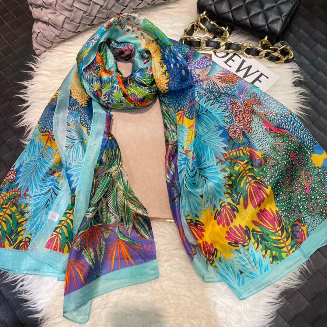 White100% Silk Scarf Women Scarves Bufandas Summer Beach Shawls Foulard Fall Winter Brand Flower Design Long Neck Scarves Hijabs