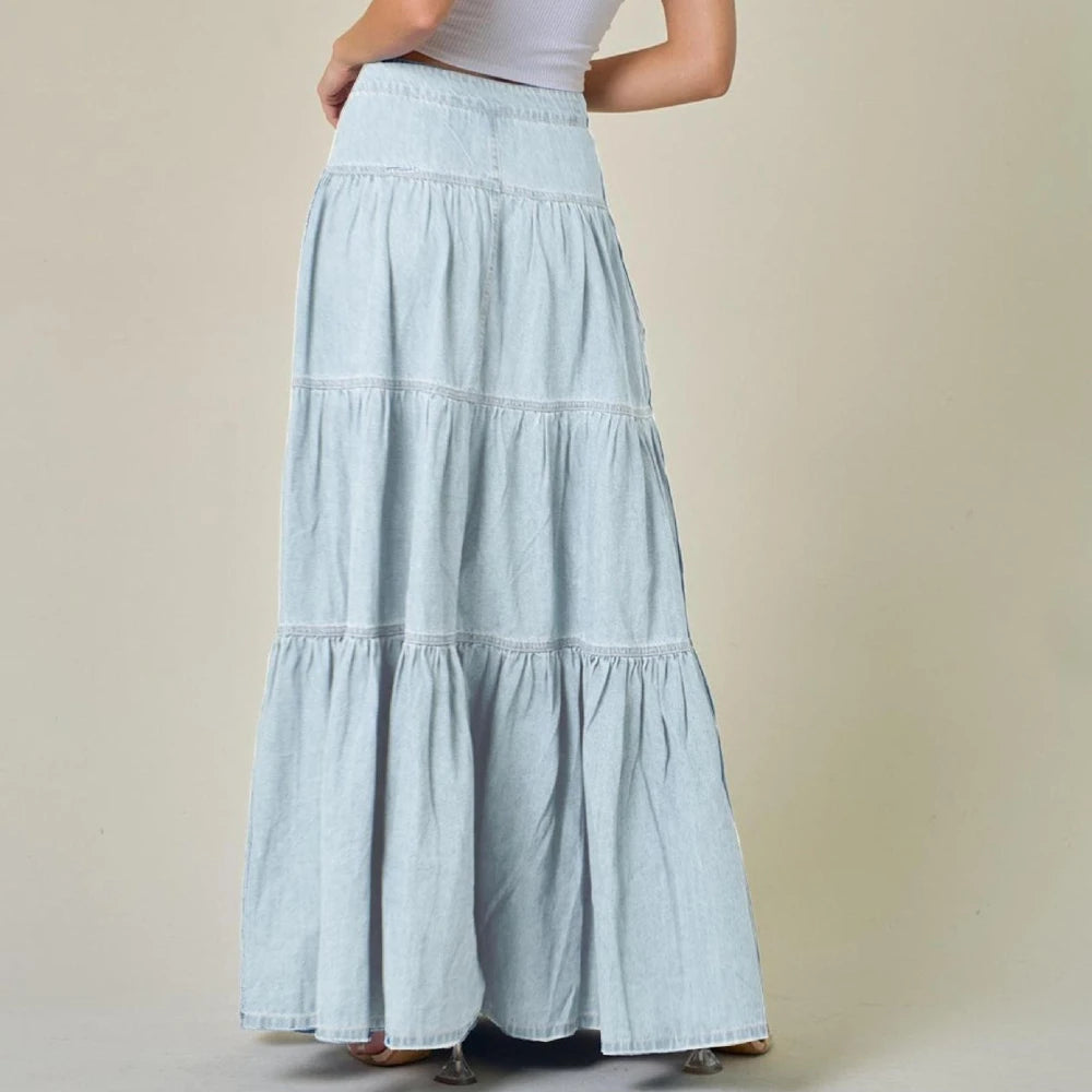Canwedance Maxi Skirts Boho Style Cotton Skirts Femme High Waist Denim Skirts Mujer Vacation Bottoms A-Line Layered Skirt