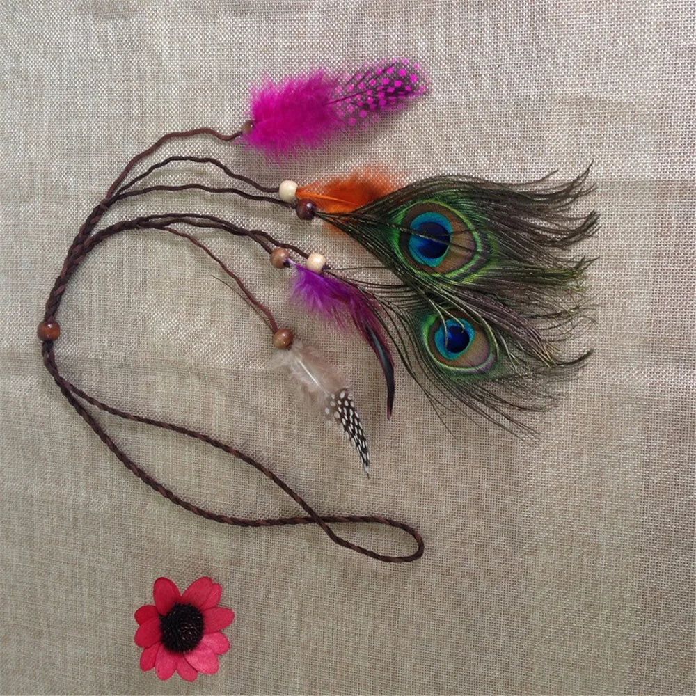 Bohemian Feather Headband Scrunchies Tribal  Hair Bands Women Girl Hippie Weaving Hair Accessories Hair Clip Hair Rope Headwear