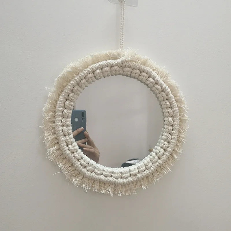 Round Mirror Wall Decor Macrame Boho Room Decor Wall Mirrors for Living Room Bedroom Decoration Mirror Bathroom Home Decoration