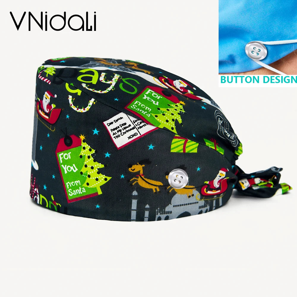 With Buttons Santa Claus Print Hats Adjustable Scrub Cap Beauty Salon Nursing Cap Laboratory Accessories Scrubs Christmas Hats