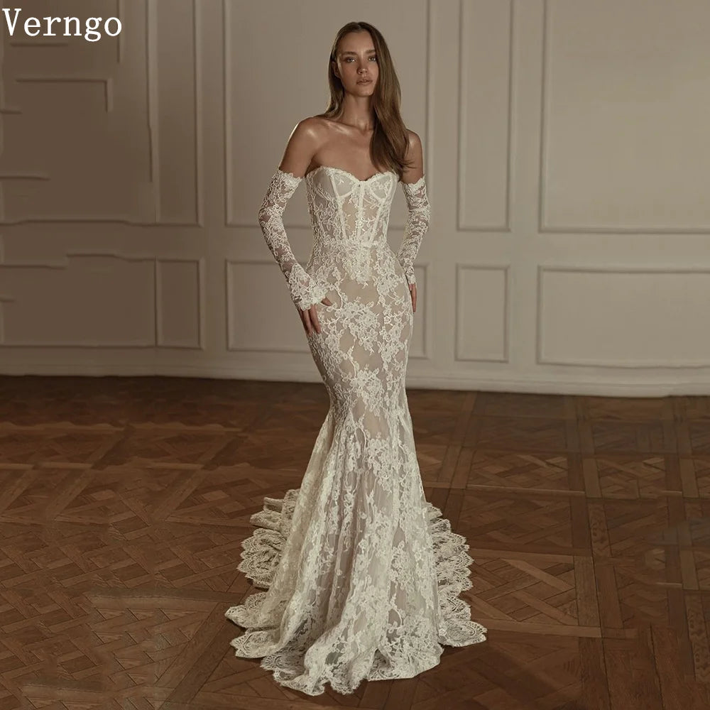 Verngo Lace Strapless Wedding Dress Appliques Mermaid Luxury Bridal Gowns Sweap Train Elegant Slim Bride Dresses 2025 - My Store