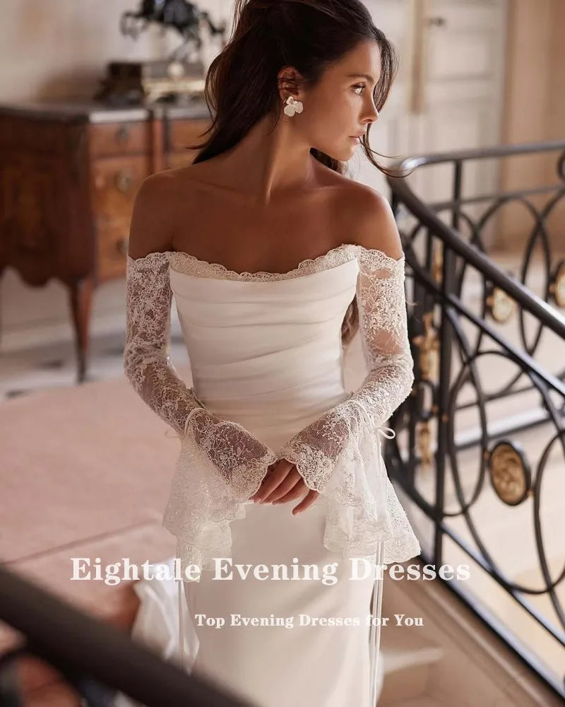 Eightale Boho Arabic Wedding Dress Scoop Lace Customized White Ivory Long Sleeves Mermaid Bridal Gown Robe De Mariée - My Store