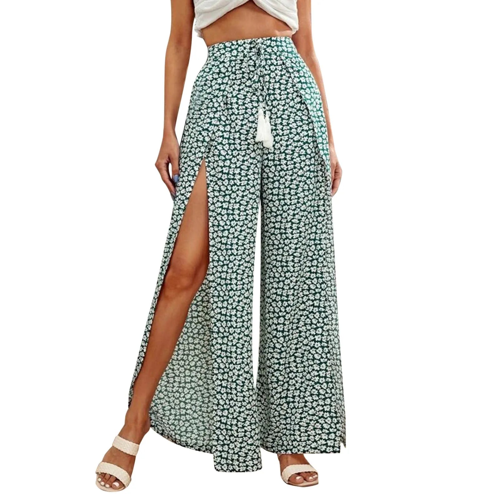 Women'S Clothing Leopard Print Vent Casual Tassel Lace Up Waist Wide Leg Pants Soft Comfort Trousers for Beach Summer Vacation