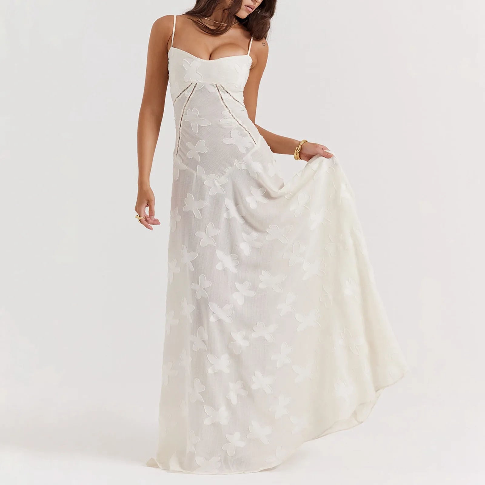 French Style Elegant Princess White Dresses Lace Spaghetti Strap Fairy Long Dresses Temperament Mermaid Dress Evening Prom Dress