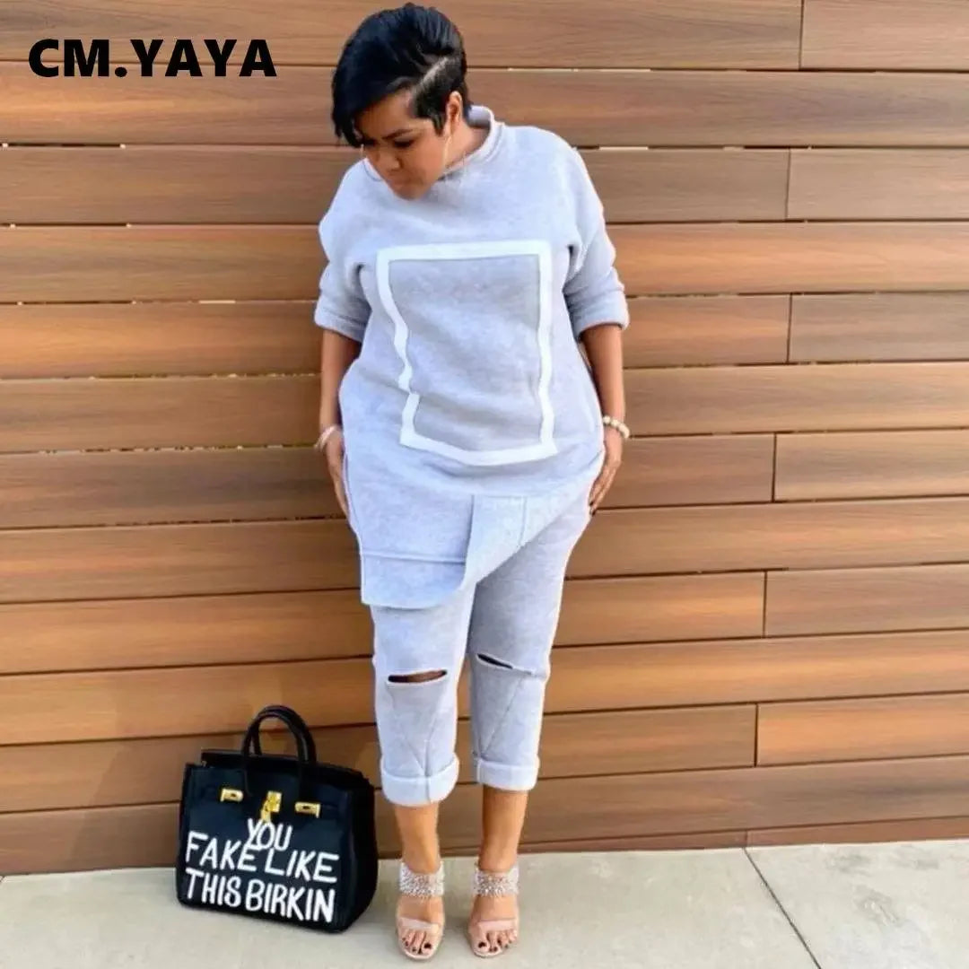 CM.YAYA Activewear Fleece Patchwork Women's Set Crewneck Sweatshirt + Hole Pants Suit Tracksuit Two Piece Set Fitness Outfit