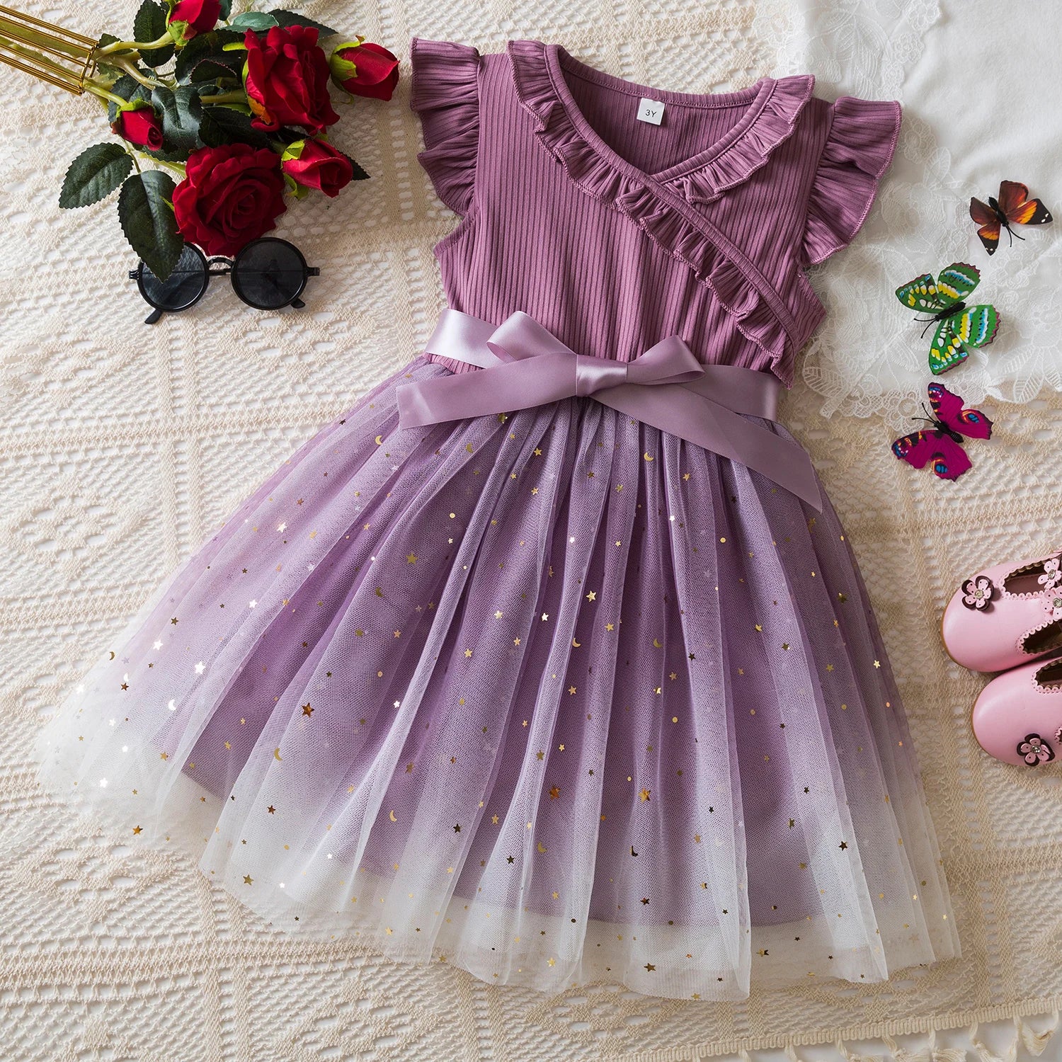 Summer Dress for Kids Girls 3-8 Years Ruffles Sleeves Elegant Princess Dresses Girls Wedding Birthday Party Casual Sweet Dresses - My Store