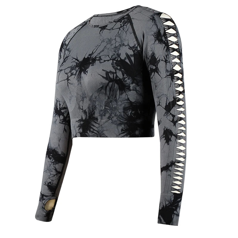 CHRLEISURE Seamless Tie Dye Sports Set Hollow Out Yoga Suit Fitness Top With Workout Leggings Activewear