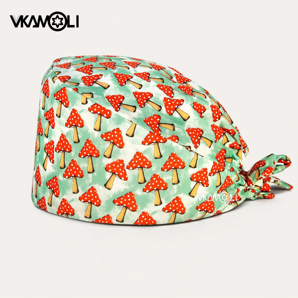 Flower Printing Scrub Caps Dental Print Scrubs Hat 100% Cotton Women Men Dust Proof Vet Dentist  Working Hats Tie Back Cap