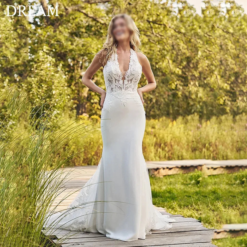 DREAM Customized Elegant Ivory Mermaid Wedding Dresses Lace Floor-Length Sweep Train Brides Dress Women Vestidos De Novias 2025 - My Store