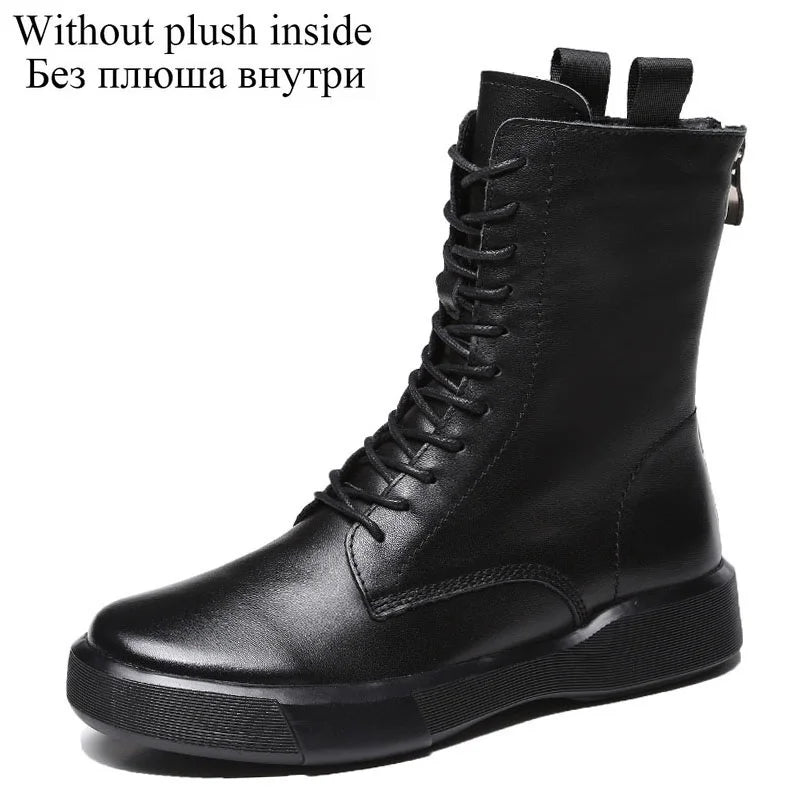 DRKANOL 2025 Fashion Women Boots Autumn Winter Shoes Soft Bottom 100% Genuine Leather Flat Mid Calf Boots Women Casual Warm Boot