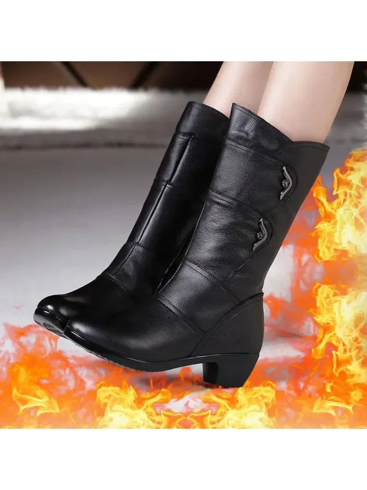 2025 Winter Leather Women Winter Boots Thick Wool Warm Women High-Heeled Genuine Boot High-Quality Female Snow Boots Women Shoes