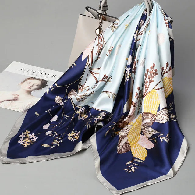 Fashion Kerchief Silk Satin Neck Scarf for Women Print Hijab Scarfs Female 90*90cm Square Shawls and Wraps Scarves for Lady