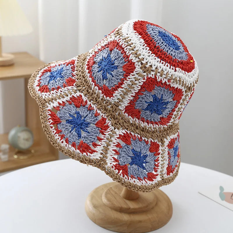 Casual Paisley Crochet Hat for Women Bohemian Knitted Bucket Hats National Straw Sun Hat for Girls Summer Beach Bali Hats 2022