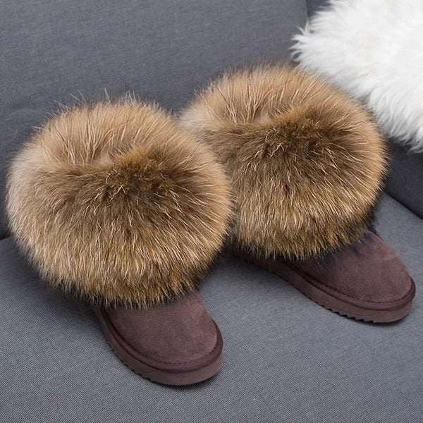 G&Zaco Luxury Winter Snow Boots Women Natural Real Fox Fur Boots Waterproof Genuine Suede Leather Boots Black Flat Short Boot