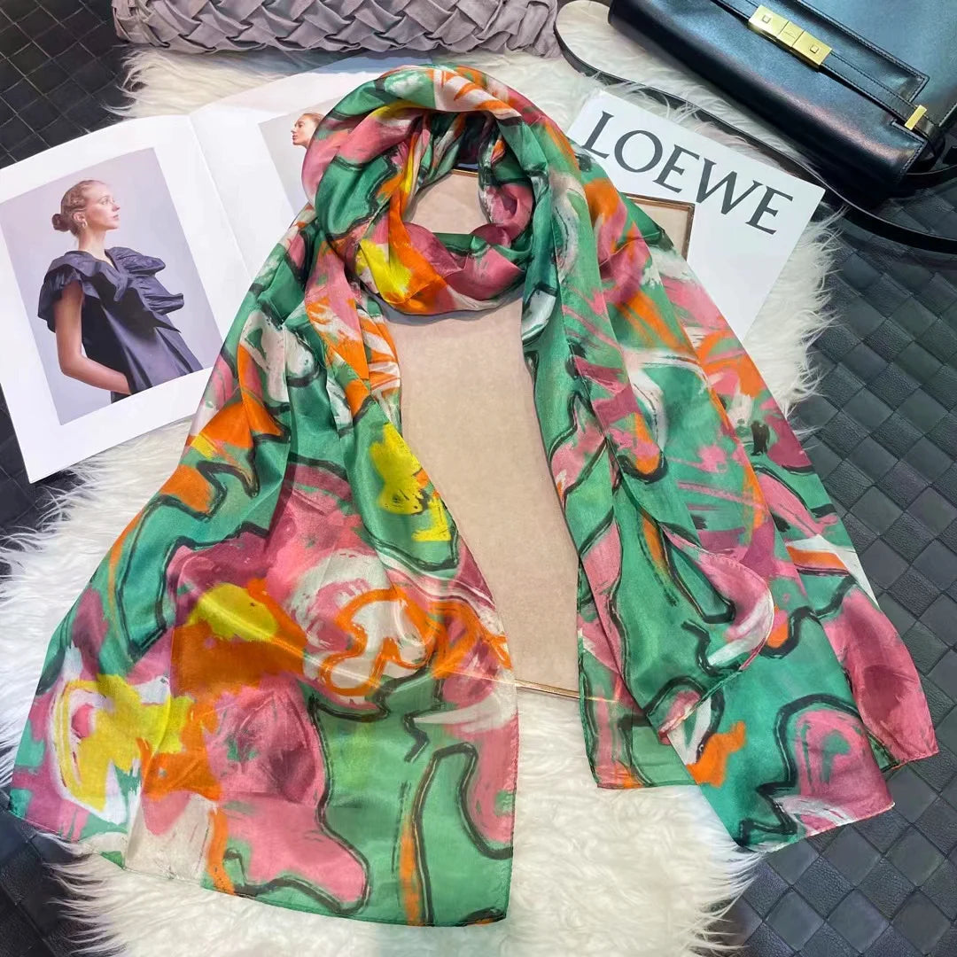 BYSIFA| Light Green Silk Scarf Ladies Fashion Spring Summer Floral Beach Scarves Shawls Fall Winter Long Scarves Wraps 180*110cm