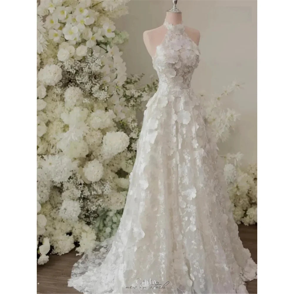 Cathy Three-Dimensional Lace Floral Party Dresses Halter Neck Sleeveless Vestidos De Noiva Floor-Length Evening Dresses 2024 - My Store