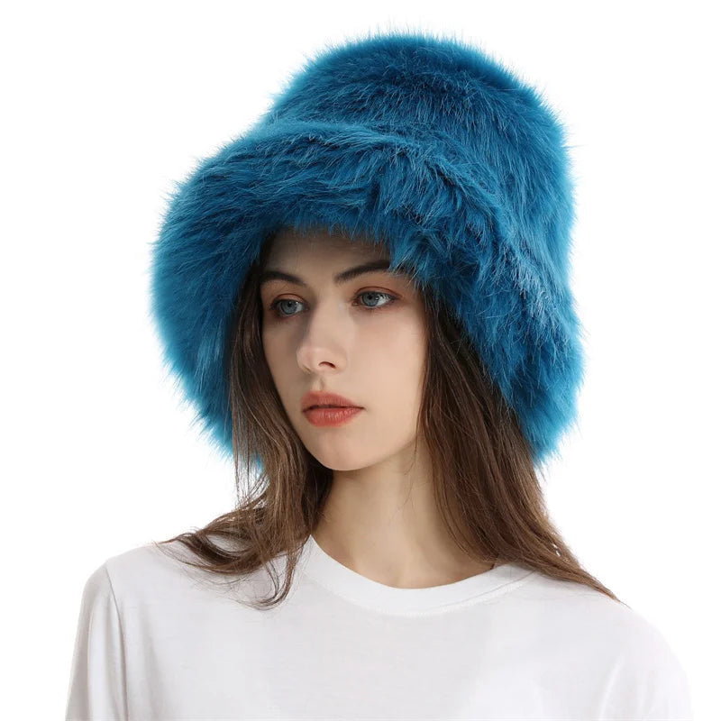 Warm Plush Bucket Hat Women Oversize Earflaps Fluffy Faux Fur Hats Fashion Furry Raccoon Fur Cotton Hat Winter Solid Color Hats
