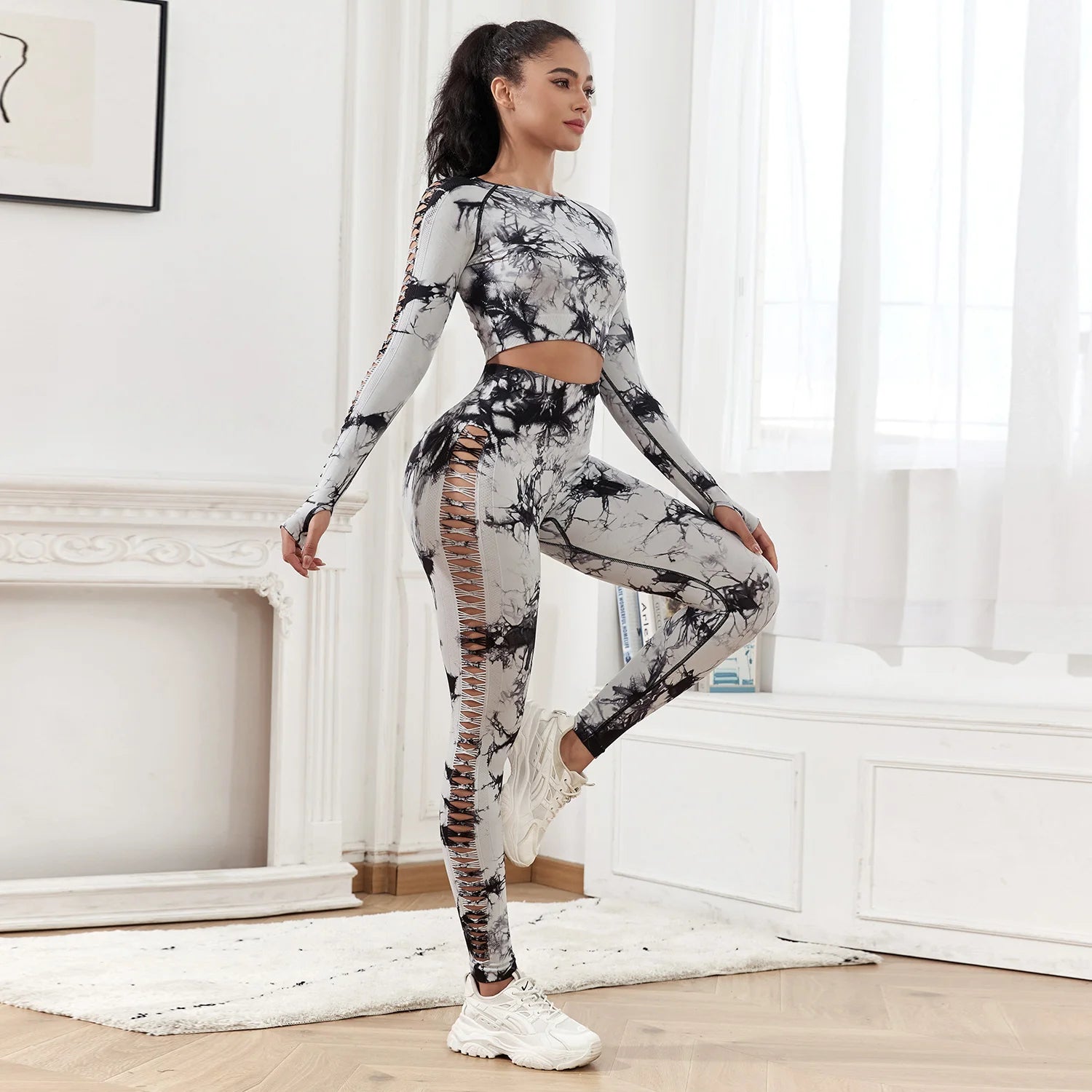 CHRLEISURE Seamless Tie Dye Sports Set Hollow Out Yoga Suit Fitness Top With Workout Leggings Activewear