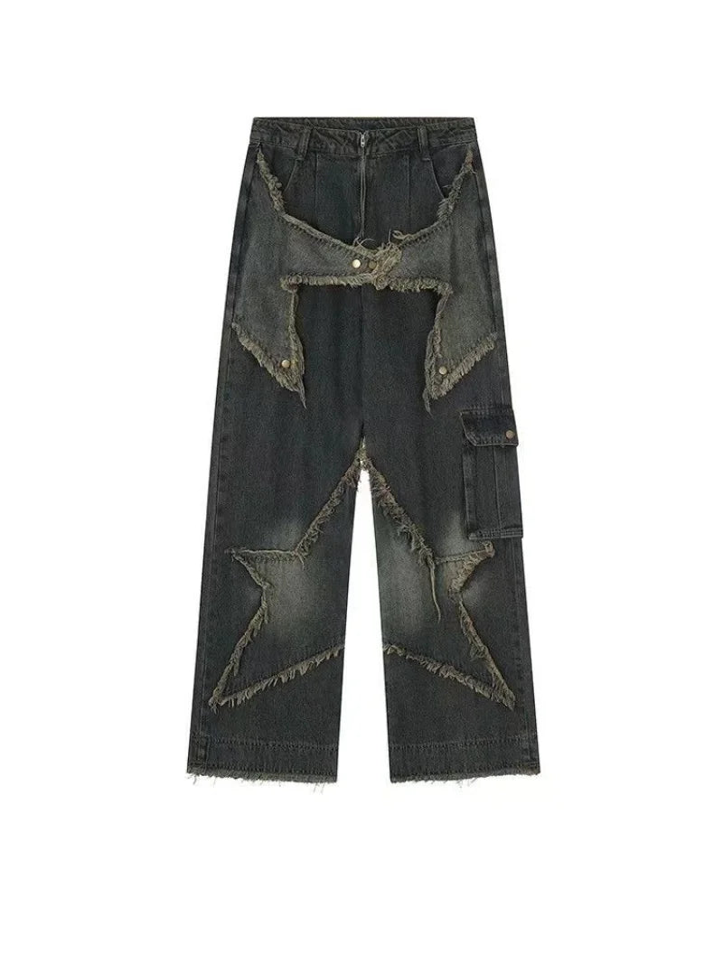 New Women Star Stitching Tassel Pants American Retro High Street Jeans Loose Wide Leg Pants Trendy Punk Y2k Pants