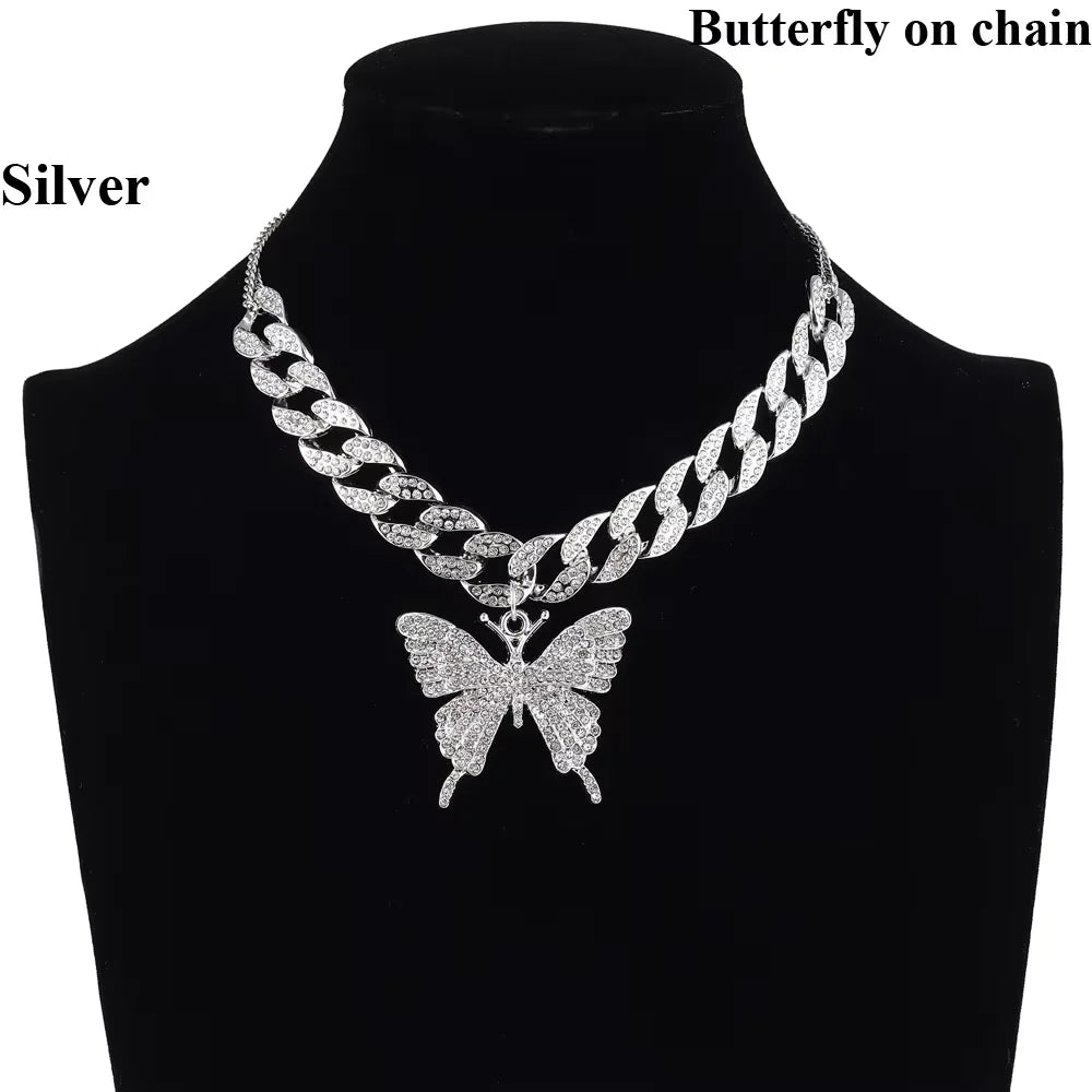 Pink Butterfly Necklace Chain  Jewelry Luxury Female Crystal Neck Pendants Women Rhinestones Jewellery Wholesale