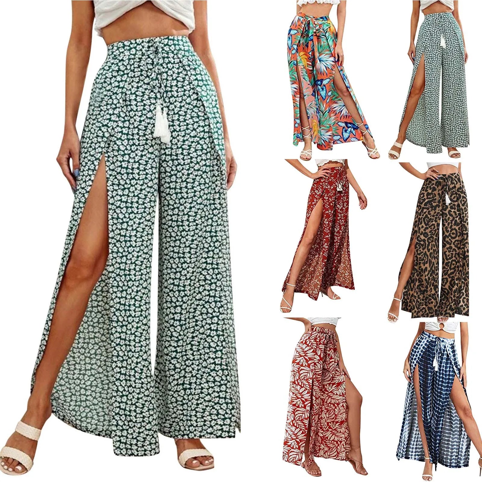Women'S Clothing Leopard Print Vent Casual Tassel Lace Up Waist Wide Leg Pants Soft Comfort Trousers for Beach Summer Vacation