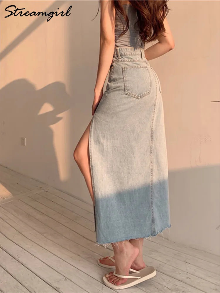 Streamgirl Maxi Jeans Skirt Women Denim Long Skirts Summer Vintage Maxi Skirt Side Split Denim Skirt Women Long Korean